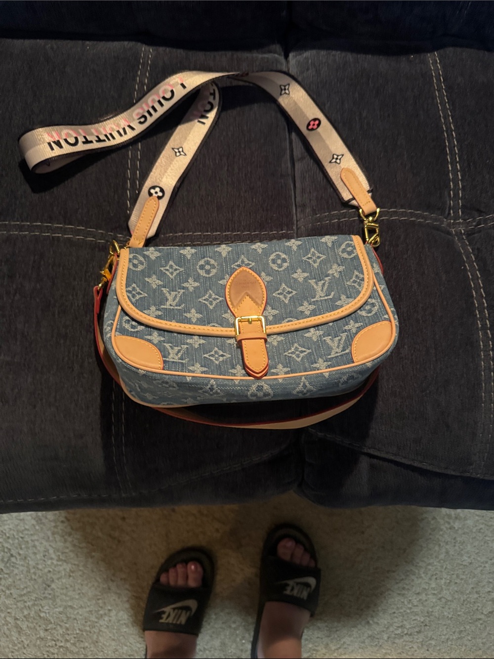 Louis Vuitton Denim Monogram Shoulder Bag with Tan Leather Trim